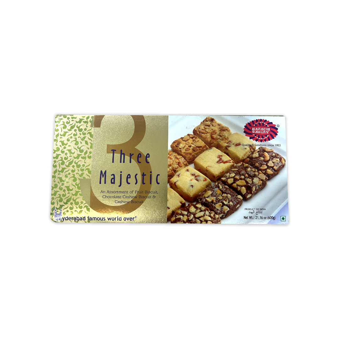 KARACHI BAKERY THREE MAJESTIC ASSORTMENT OF FRUIT, CASHEW & CHOCOLATE CASHEW BISCUIT