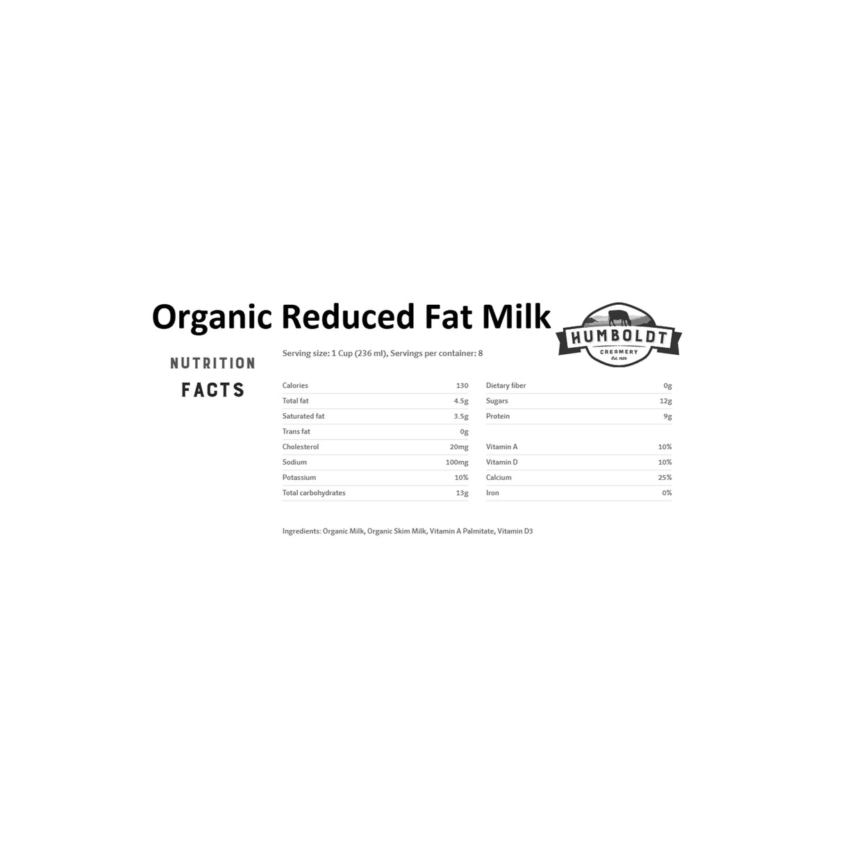 HUMBOLDT ORGANIC REDUCED MILK 2% MILK FAT 1 GALLON
