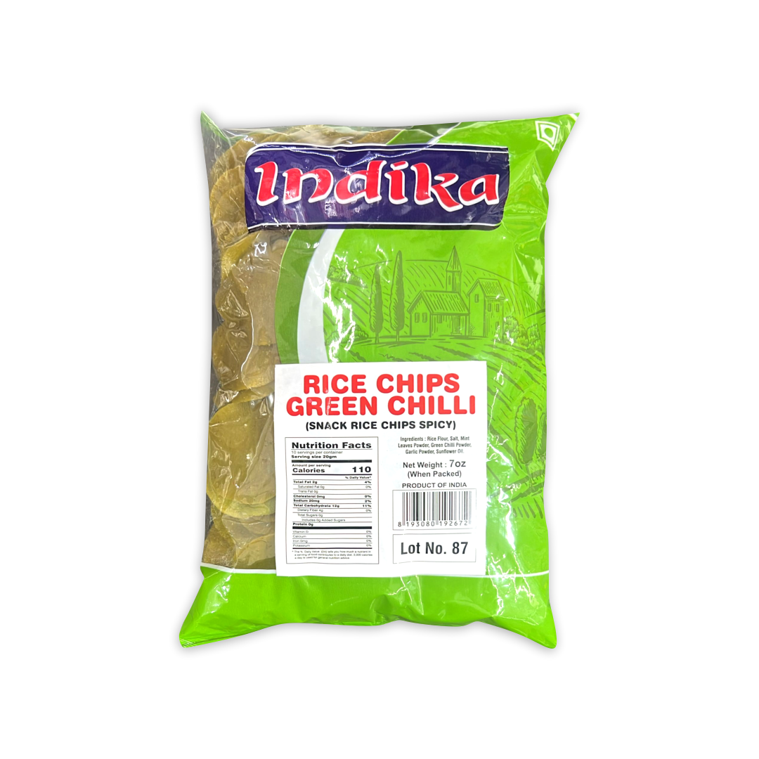 INDIKA RICE CHIPS GREEN CHILLI ( SNACK RICE CHIPS SPICY )