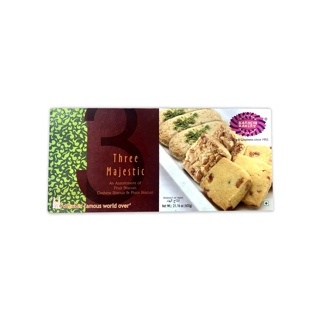 KARACHI BAKERY THREE MAJESTIC AN ASSORTMENT OF FRUIT BISCUIT CASHEW BISCUIT & PISTA BISCUIT