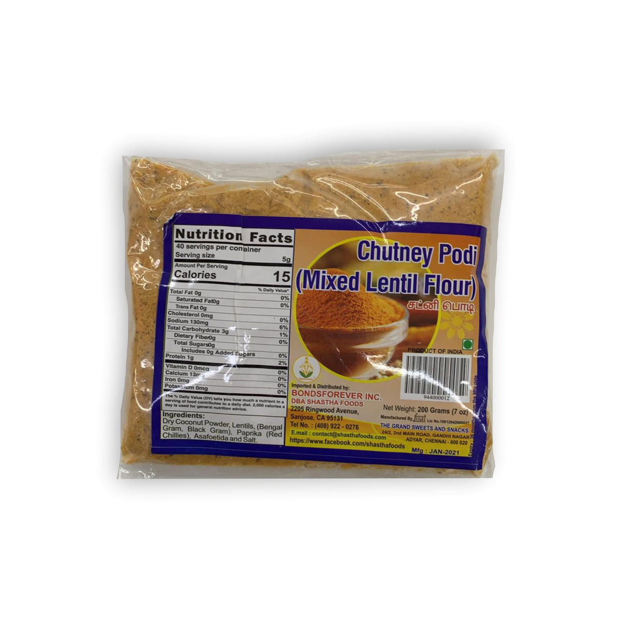 SHASTHA FOODS CHUTNEY PODI 200GM